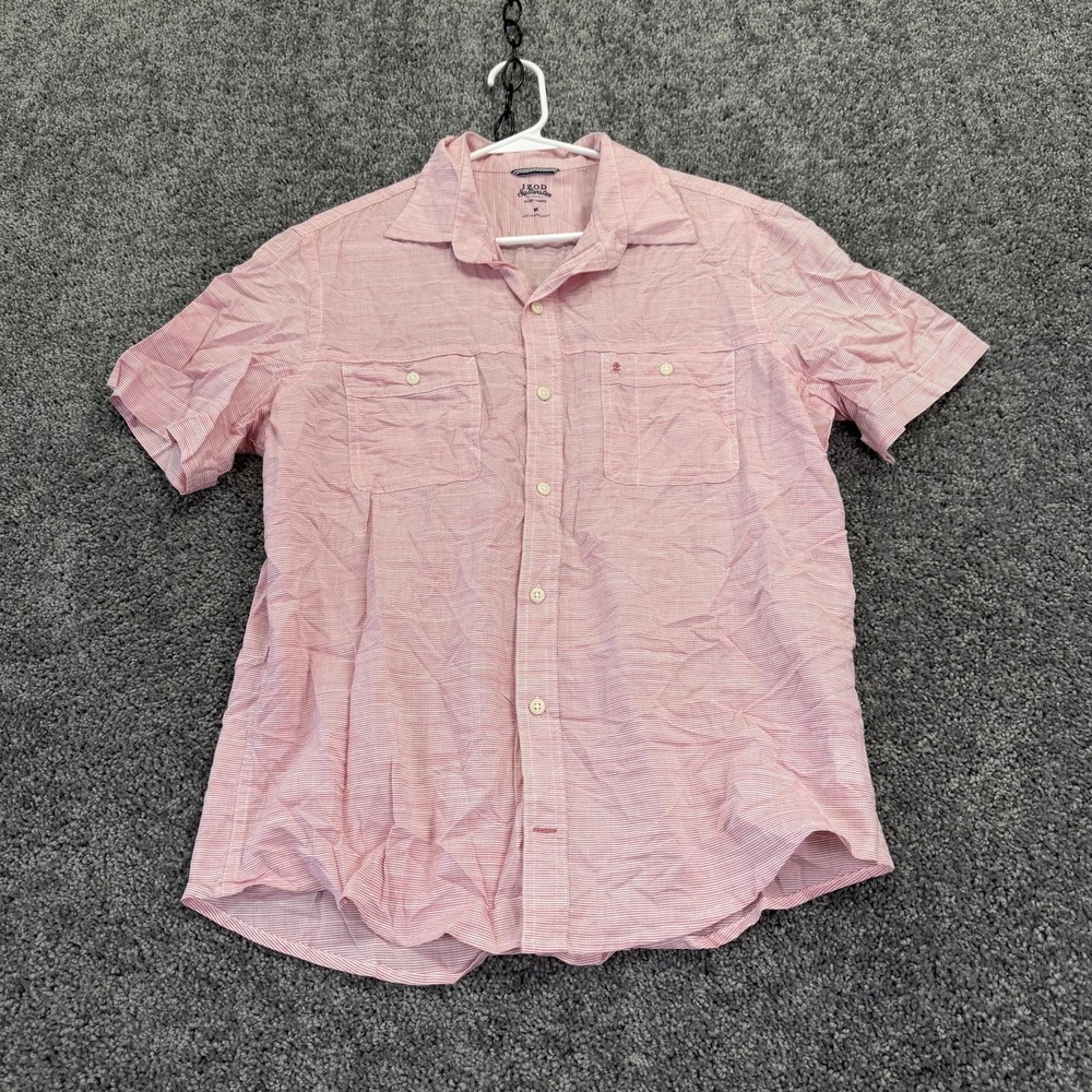 IZOD Shirt Mens Medium Pink Striped Short Sleeve Button Up Cotton Casual Pockets